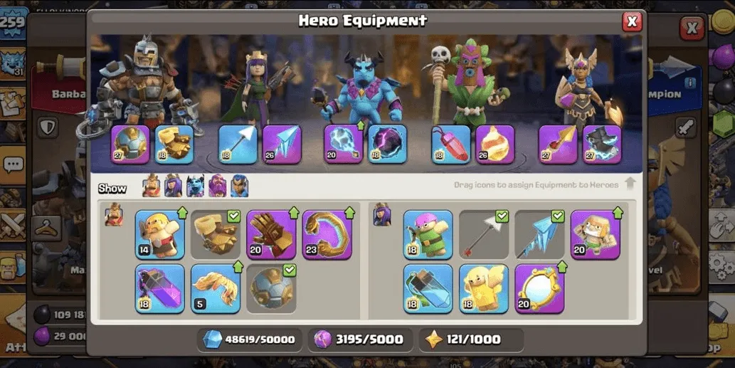 COC557 TH18 ALLMAXED HERO EQUIPMENT GLOW STRONG TROOPS SPELLS PETS 598 GEMS (G)